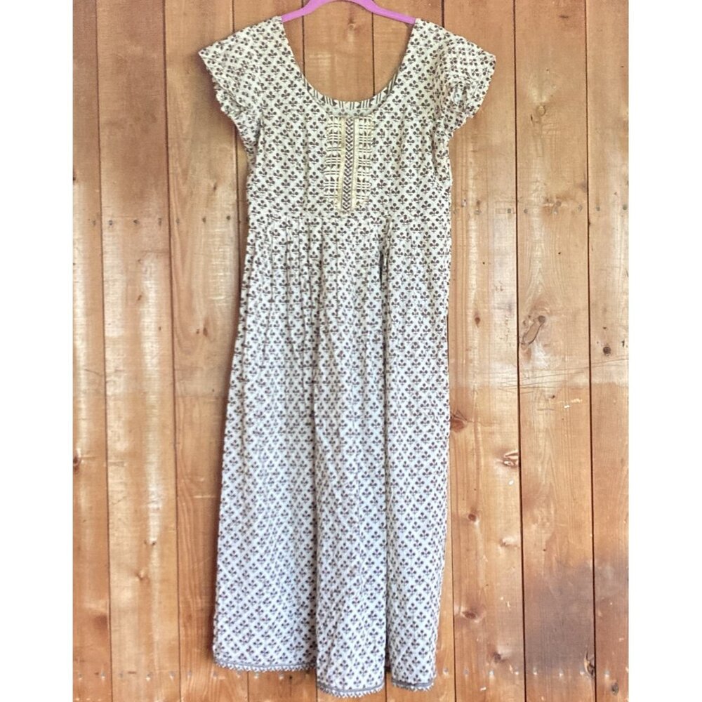 VTG 70s India Block Print Cotton Maxi Dress Fits 30” Waist Festival Hippie S-M